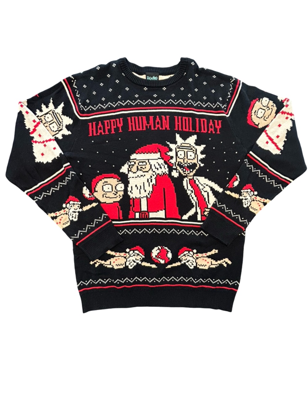 Men’s Rick & Morty ugly Christmas sweater Happy Human holiday kitschy, unisex L